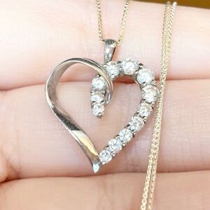 10K white cubic zirconia cz open heart half eternity paved white gold pendant‍